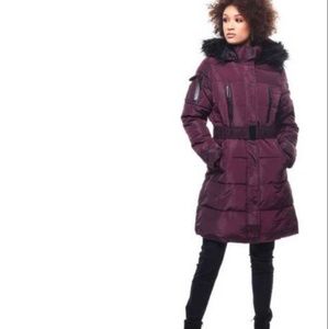 Quilted Bubble Jacket/Belt & Faux Fur Trim Hood